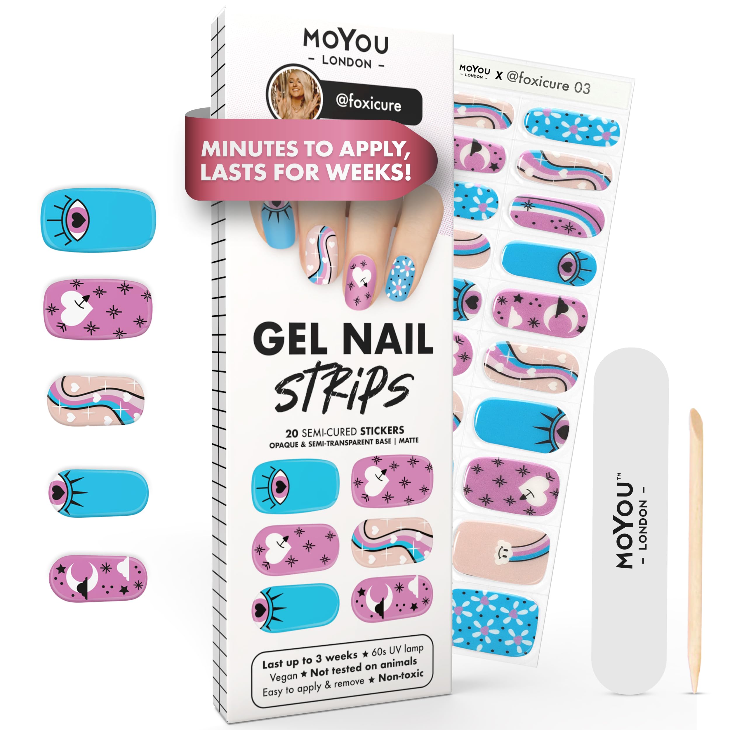 MOYOU LONDON Semi Cured Gel Nail Strips - 20 Pcs. Waterproof Gel Nail Wraps, Cures in Sunlight or UV/LED Lamp, Lasts Up to 2+ Weeks, Stretchable, Easy to Apply & Remove, Vegan & Cruelty-Free