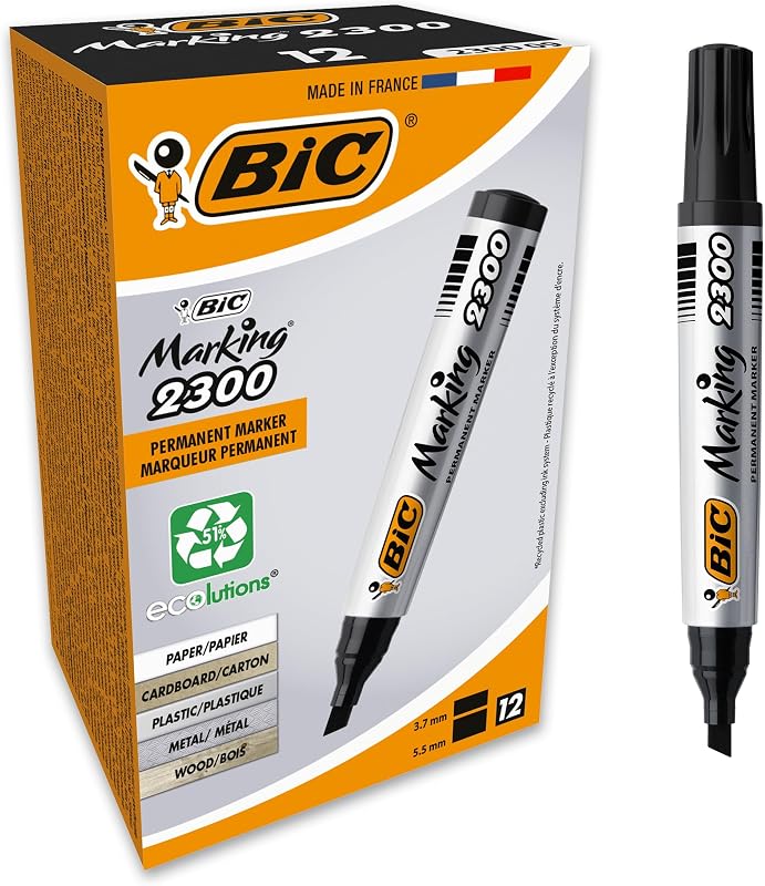 Bic marking 2300 ecolutions - caixa com 12, marcadores permanentes ponta média de cinzel, preto