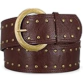 WOWOGO Wide Chunky Leather Belts for Women 2.3" Western Vintage Boho Studded Thick Waist Belt for Dresses