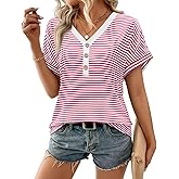 JUSTFASHIONNOW Womens Striped Henley T Shirts Short Sleeve V Neck Summer Tops 2026 Button Front Dressy Casual Blouses