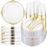 Hioasis 350pcs Clear and Gold Plates - Clear Party Plates for 50 Guest, Include 100 Heavy-duty Plates(20% Thicker Than Standard), 50 Pre Rolled Gold Plastic Silverware Set, 50 Cups