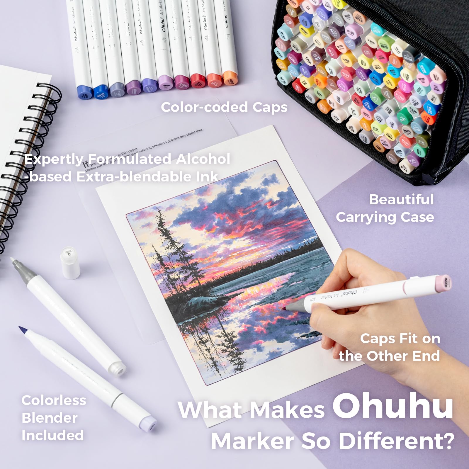 Ohuhu Alcohol Markers Brush Tip- 104-color Double Tipped Alcohol Based Art Marker Set for Artists Adults Coloring Illustration- Honolulu B of Ohuhu Markers- Dual Tip Brush & Fine- Refillable
