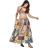 Women's Hippie Bohemian Patch Work All Time Hit Indian Cotton Gypsy Stylish Elastic Floral Print Maxi Long Skirts with Multicolor