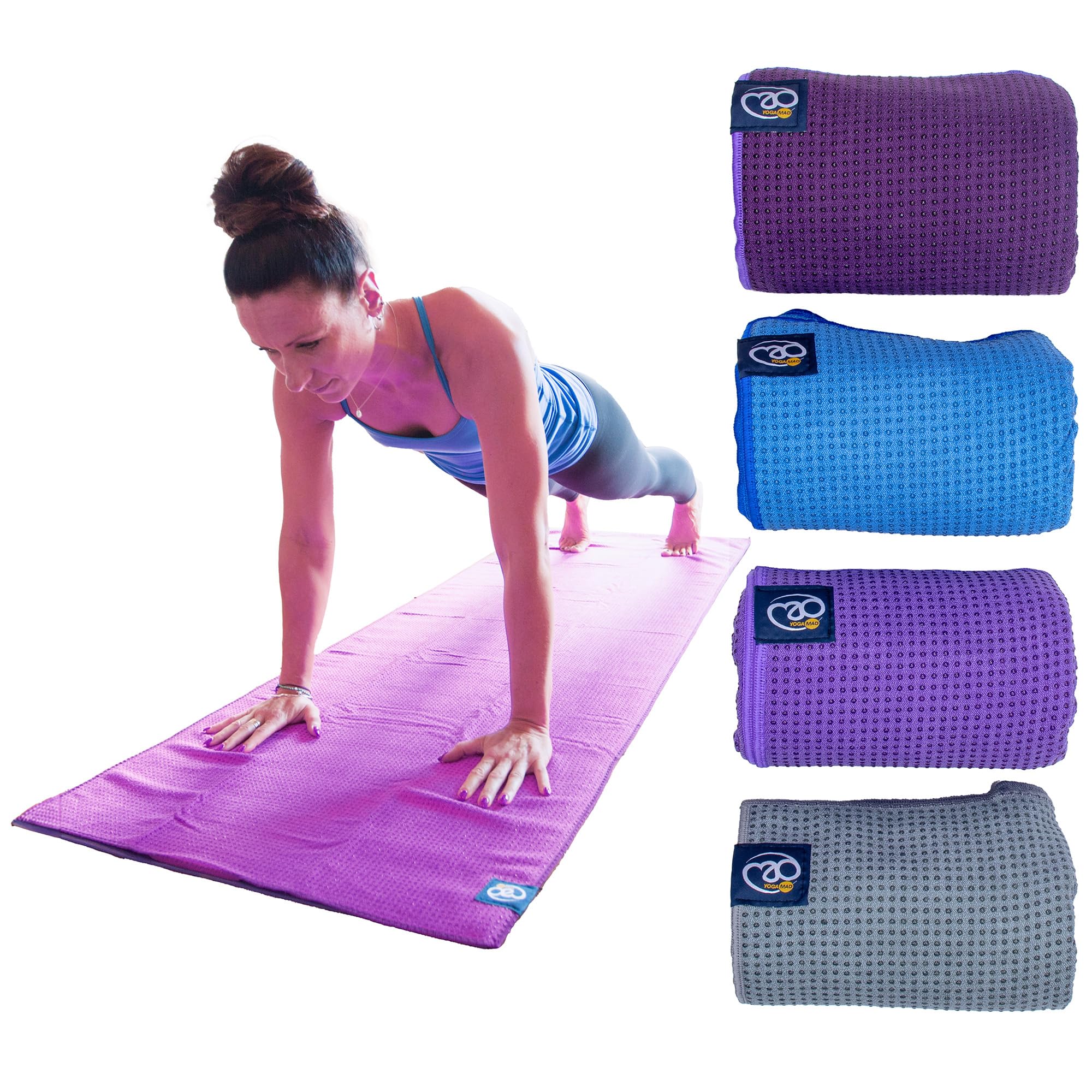 Mad Grip Dot Yoga Towel, 183cm x 60cm, Non Slip, Silicone Dots, Ideal for Hot Yoga & Pilates, Washable Grip Towel, Free Carry Bag (Grey)
