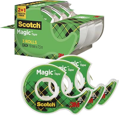Magic Cinta Adhesiva Invisible - 2 Rollos de 19mm x 7,5m + 1 GRATIS - Cinta Adhesiva de Uso General para Reparación, Etiquetado y Sellado de Paquetes y Documentos