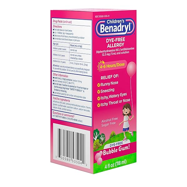 CHILDREN’S BENADRYL DYE-FREE ALLERGY RELIEF LIQUID + 12.5 MG DIPHENHYDRAMINE HCL, ANTIHISTAMINE ALLERGY MEDICINE FOR KIDS HELPS RELIEVE RUNNY NOSE & SNEEZING, BUBBLE GUM FLAVOR, 4 FL. OZ
