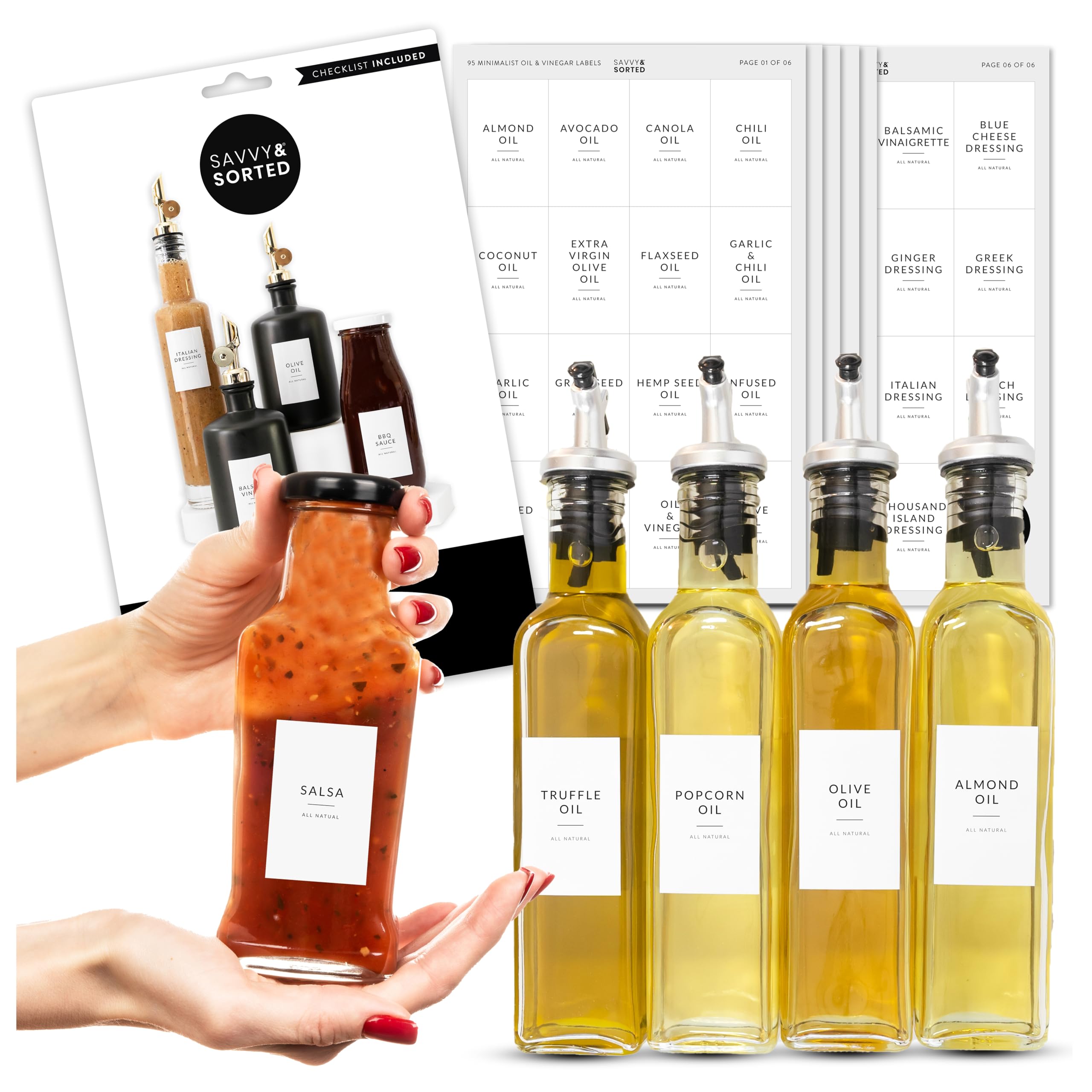 Photo 1 of Minimalist Oil Bottle Labels, 95 Preprinted Pantry Stickers for Oils and Vinegar Dispenser Glass Bottles, Condiment Jars, Waterproof Removable, Kitchen Organization