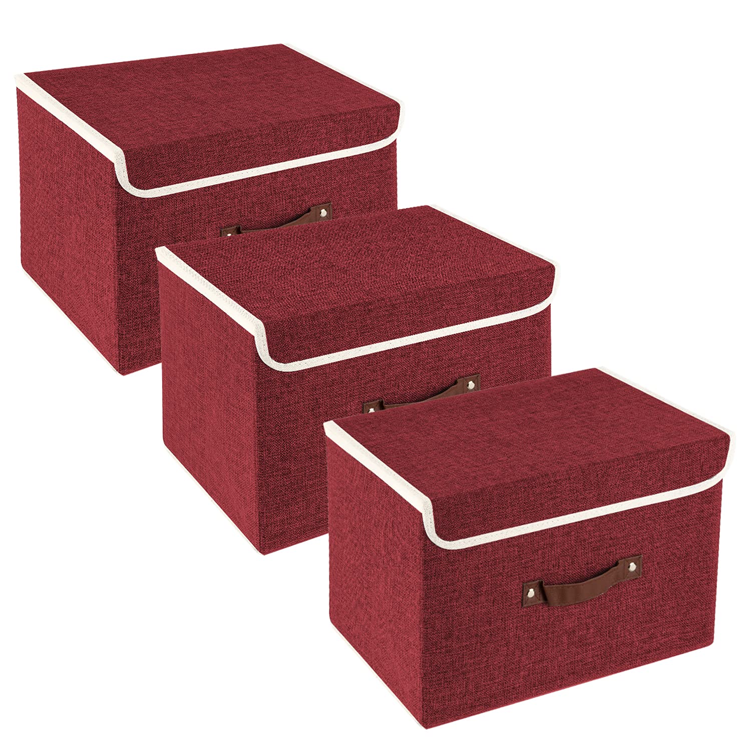 TYEERS Collapsible Storage Box with Lid, Fabric Storage Box for Clothes, Wardrobe Storage, 38x25x25 cm, Set of 3, Red Wine