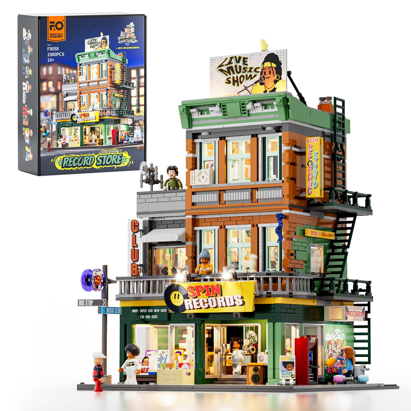 Photo 1 of FUNWHOLE Record Store Lighting Building Bricks Set - Street Fusion City Town Audio Shop Multi-Form Modular Collection Kit 1980 Pcs for Adults & Teen & Music Lovers