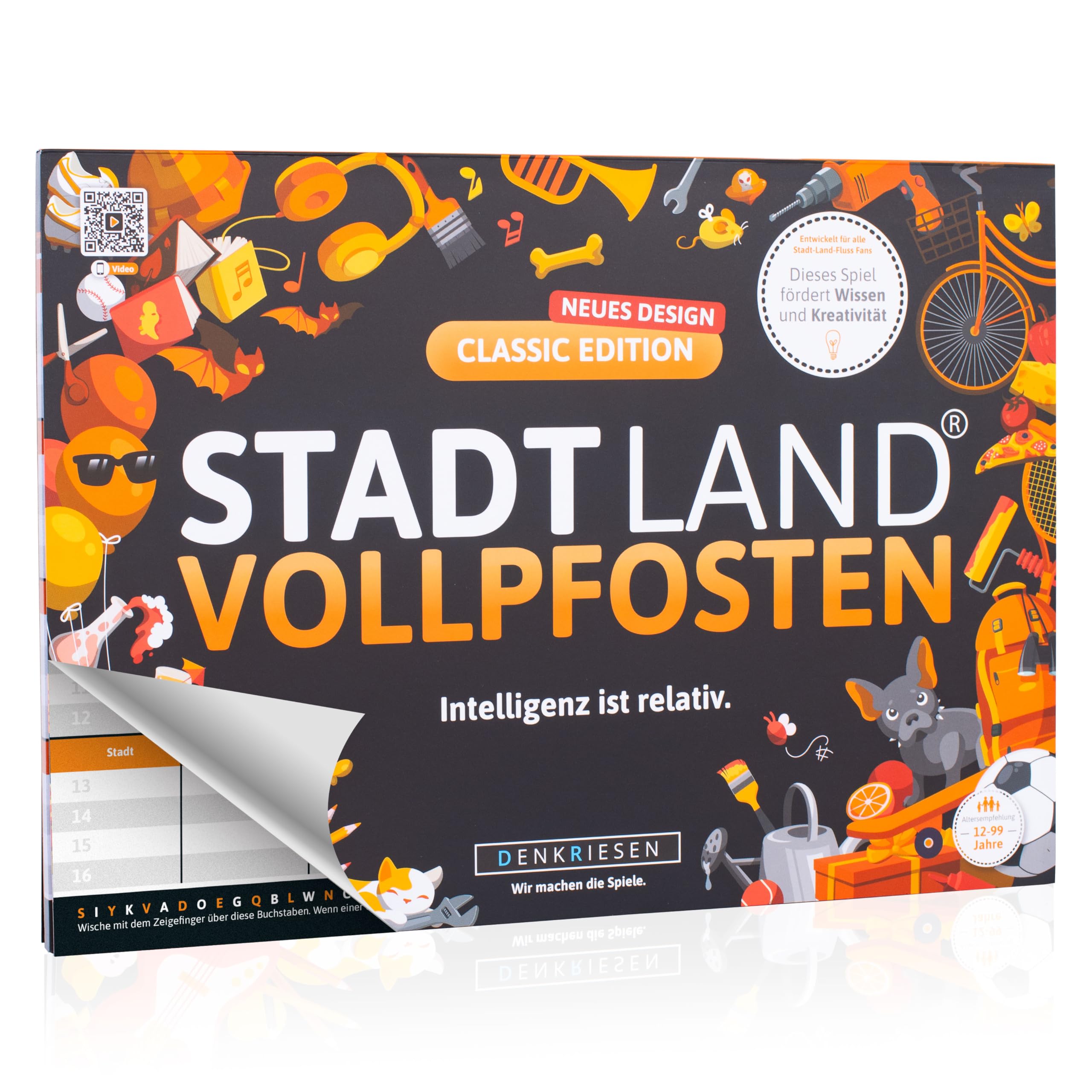 DENKRIESEN - Stadt Land Vollpfosten® Classic Edition - 'Intelligence is Relative' - A4 | Party Game | Family Game | City Land River | Game Block | Gift Idea