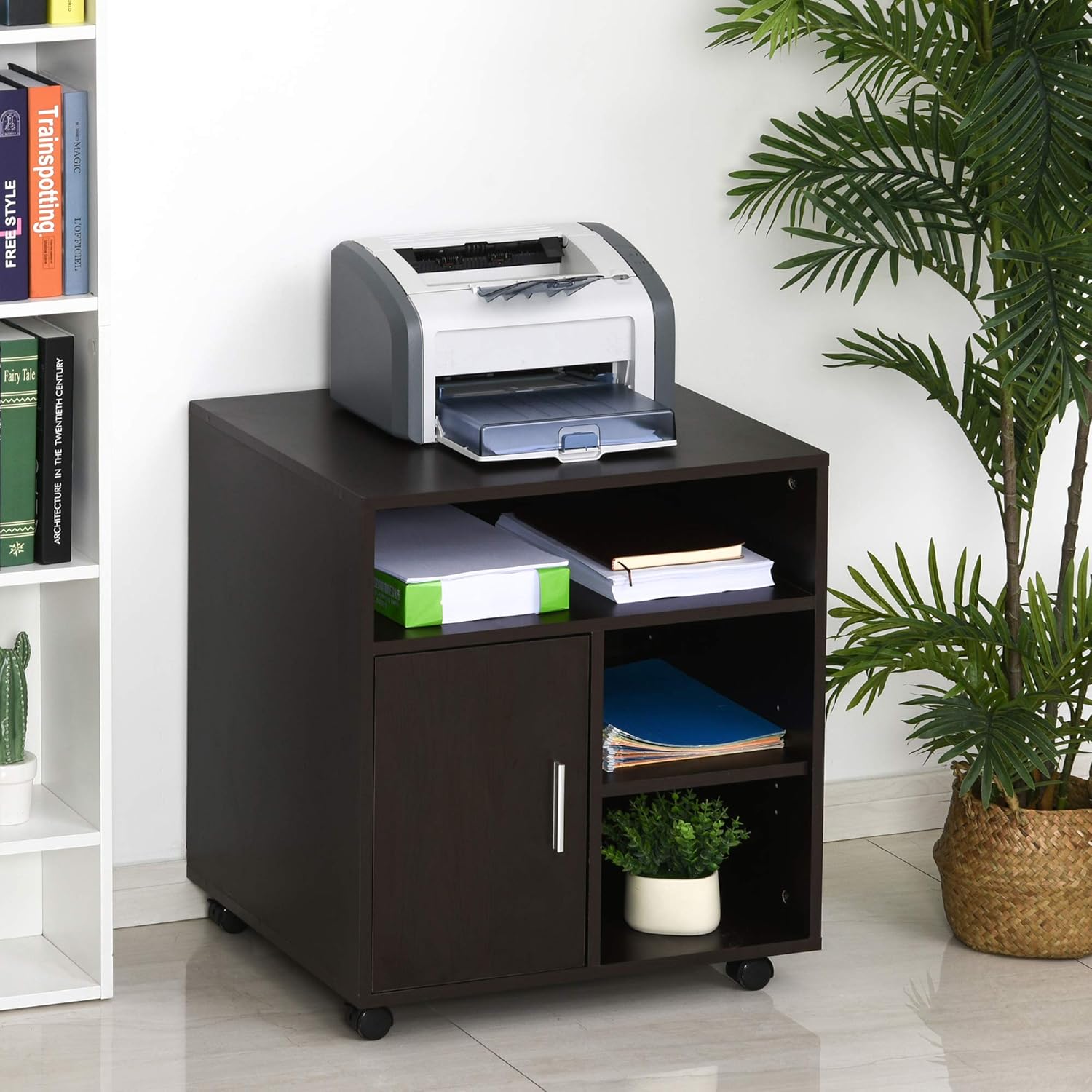 HOMCOM Printer Stand Multipurpose Moveable Filing Cabinet with Ample Inner Storage Space & 4 Easy-Rolling Wheels, Coffee: Furniture & Decor