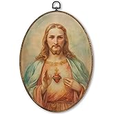 TLESKE Vintage Sacred Heart of Jesus Oval Wall Art Decor Framed 9x12, Christian Catholic Canvas Wall Art Prints Artwork, Religious Hanging Wall Picture Room Door Decor for Bedroom Living Room Kitchen