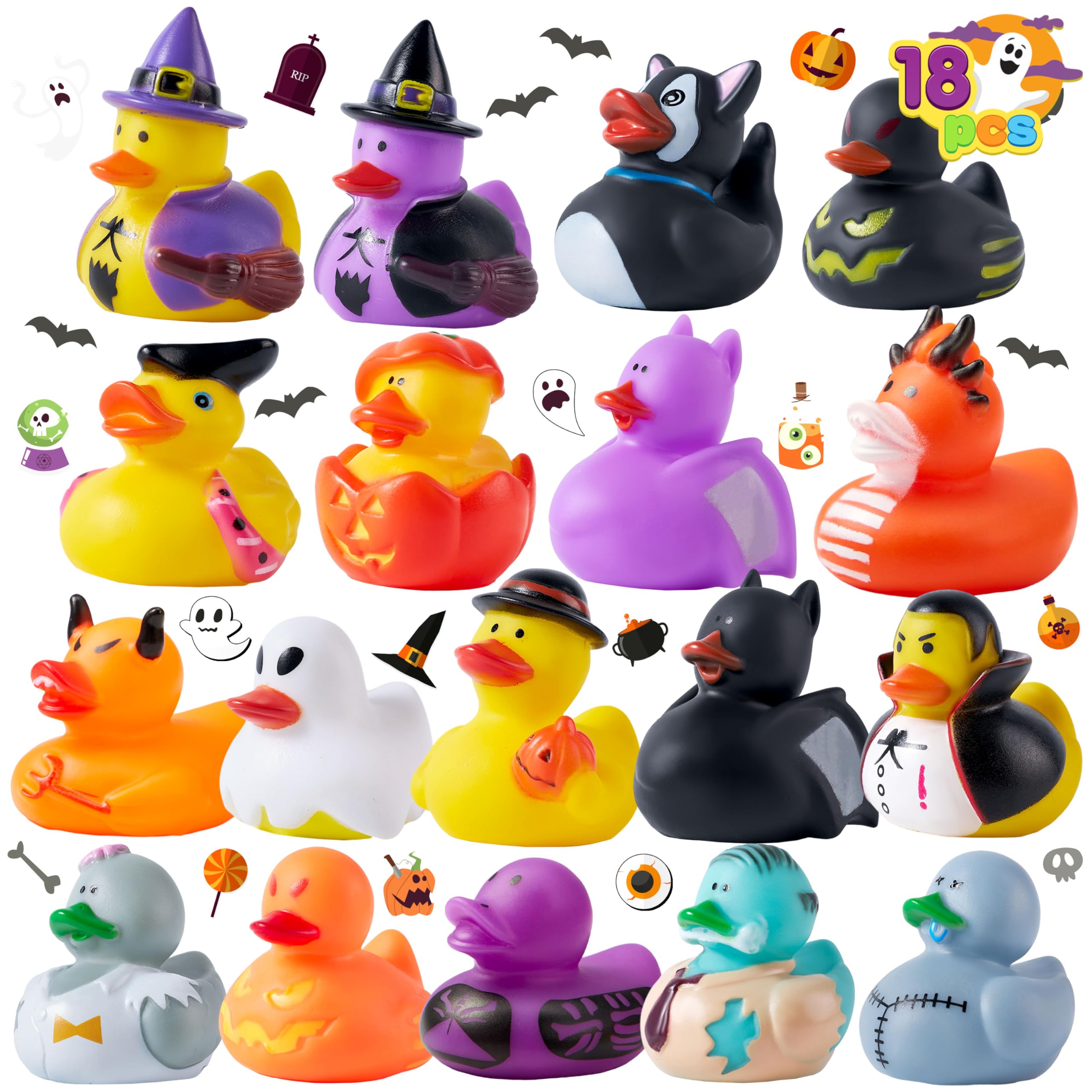 Photo 1 of JOYIN 18 PCS Halloween Rubber Ducks, Halloween Ducks for Halloween Goodie Bag Fillers, Rubber Duckies Baby Bath Toys for Halloween Party Favors Decorations, School Classroom Game Prizes