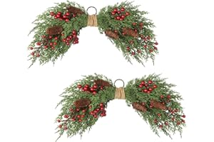 ARBORUS 2PCS Artificial Christmas Swags with Cypress Pine, Red Berries and Pinecones, 24" Christmas Thanksgiving Decorations for Front Door, Mantel, Stair Railing, Window, Xmas Décor