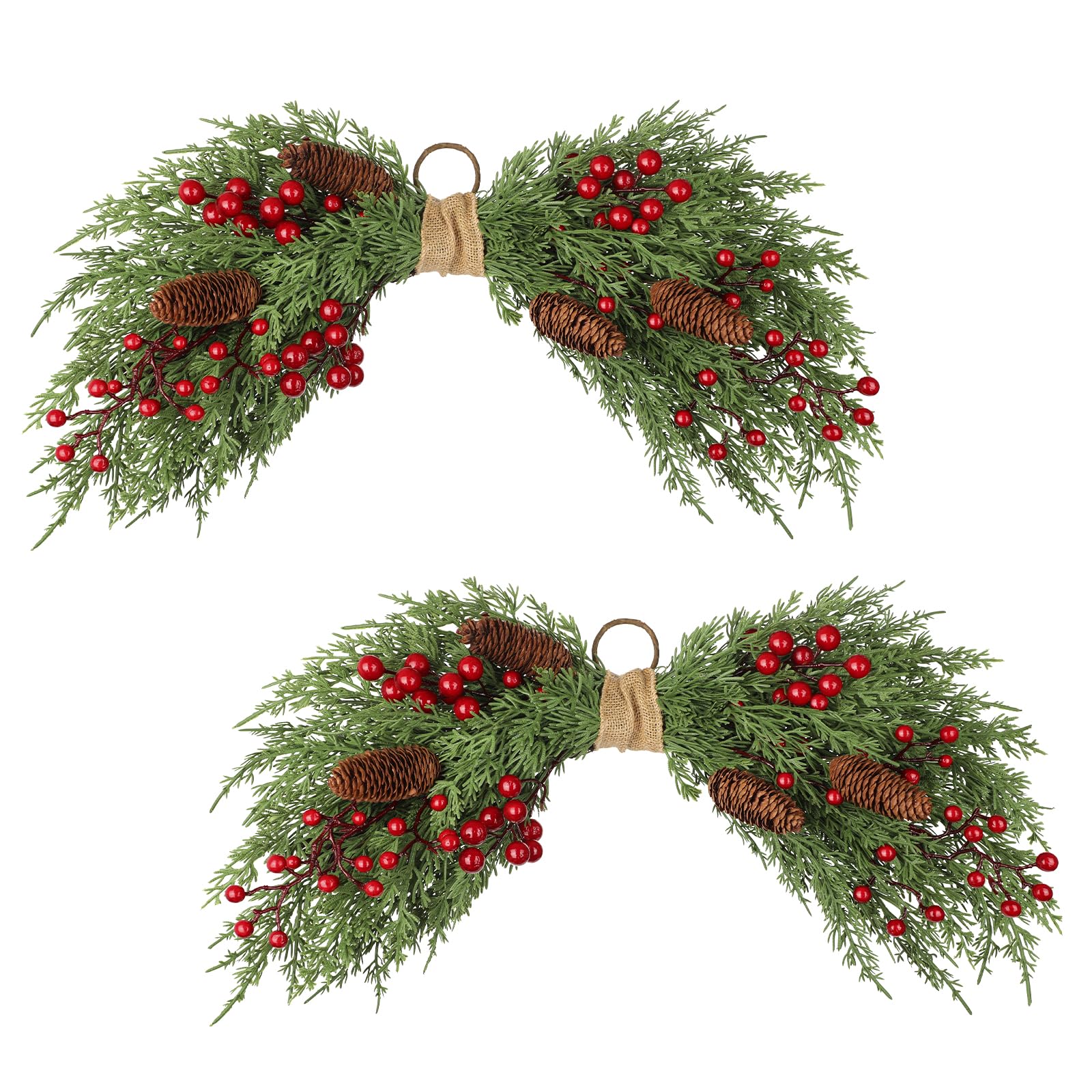 Photo 1 of 2PCS Artificial Christmas Swags with Cypress Pine, Red Berries and Pinecones, 24" Christmas Thanksgiving Decorations for Front Door, Mantel, Stair Railing, Window, Xmas Décor