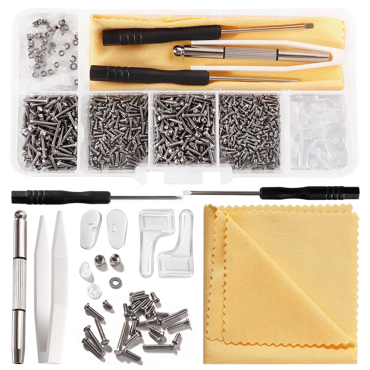 YIXISI 1000 PCS Eyeglass Sunglass Glasses Repair Tool Kit, Spectacles Repair Screws Set, Eyeglass Repair Kit, with Screwdrivers, Silicone Nose Pads, Tweezer, Glasses Cloth, Silver