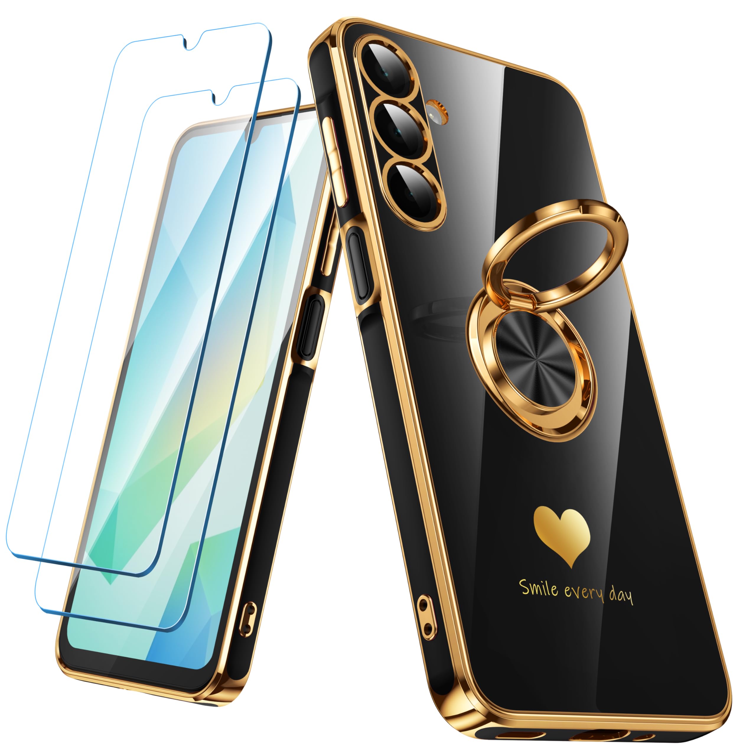 Nonional for Samsung Galaxy A16 5G Case with 2 Pack Screen Protector, 360° Rotatable Ring Holder [Luxury Hearts Pattern] Plating Gold Edge Slim Soft Phone Cover Case for Galaxy A16 - Black