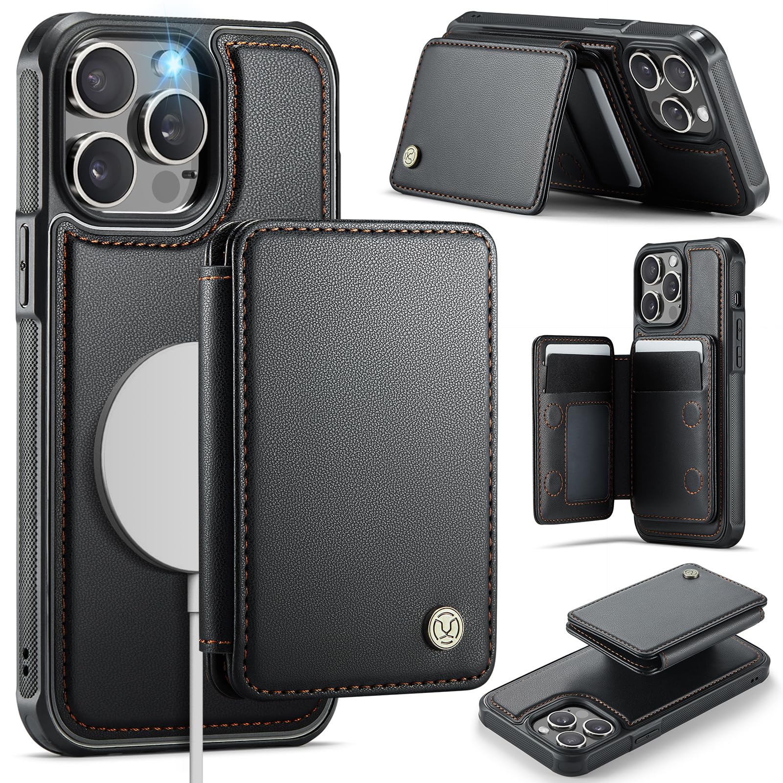 Usroom Compatible with Magsafe for iPhone 14 Pro Max Wallet Case Magnetic Card Holder, RFID Blocking 2 in 1 Detachable Kickstand Shockproof Case for Women Men, Black