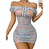 SOLY HUX Women's Floral Print Ruched Mesh Babydoll Lingerie Sleepwear Chemise with Thong