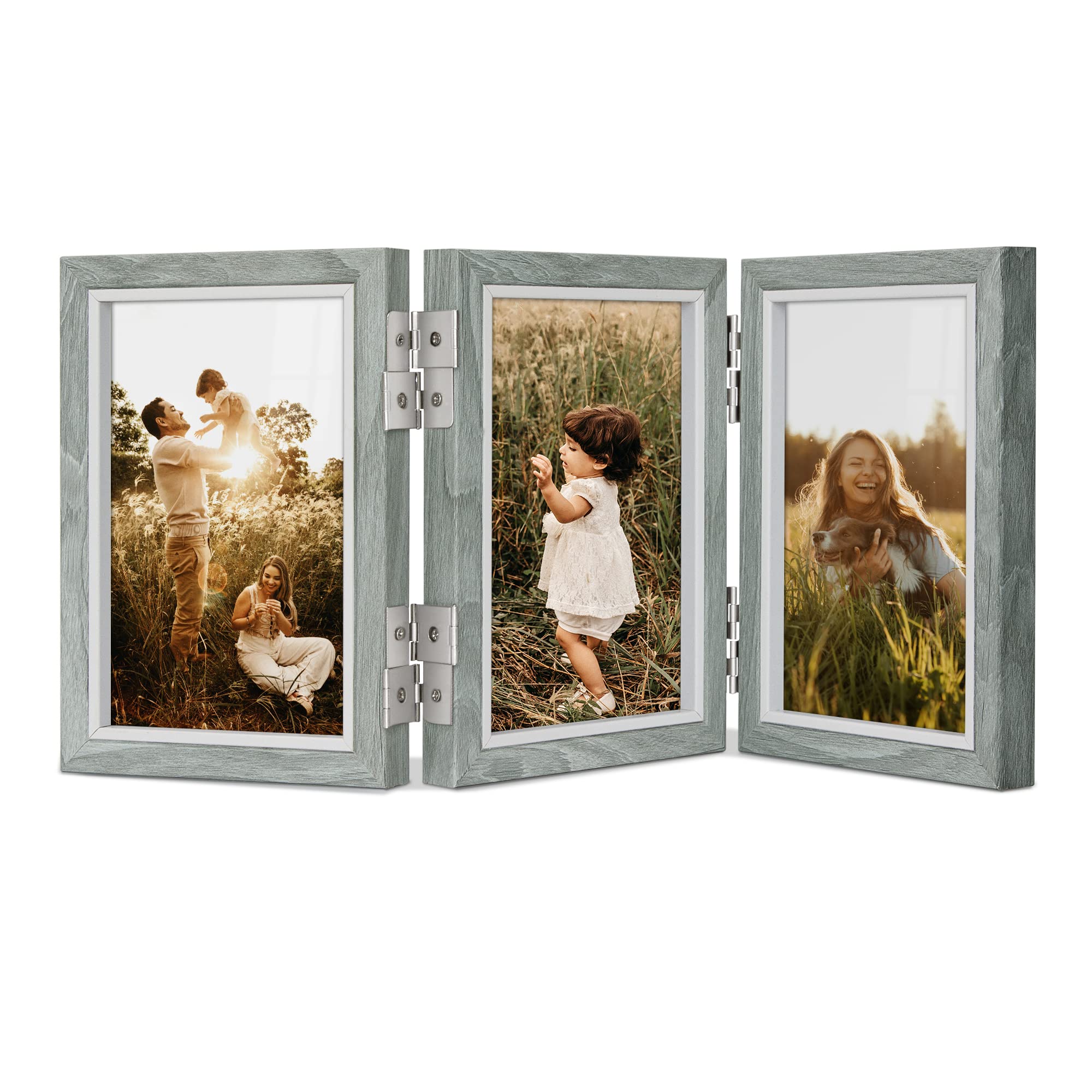 Afuly Photo Frame 6x4 Grey 3 Picture Frames Multi with 360° Folding Hinge, Wooden for Tabletop Wall Hanging, Mothers Day Wedding Birthday Gifts for Women Friends Mom Grandma Family