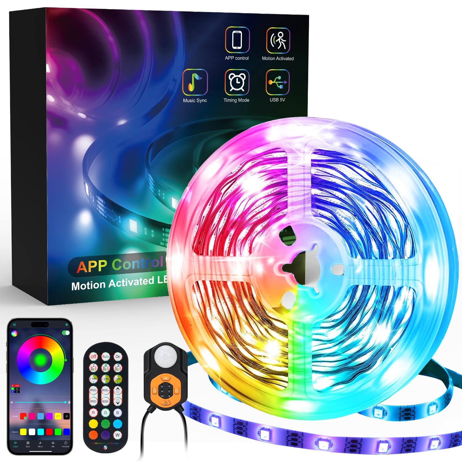 Auplf Motion Sensor 3M Led Strip Light with 3 Mode Motion Activated Sync to Music, Remote and APP Control, Led TV Backlights Ambient RGB Sensor Lights for Stairs, Kitchen, Cupboards, Shelf, Wardrobe