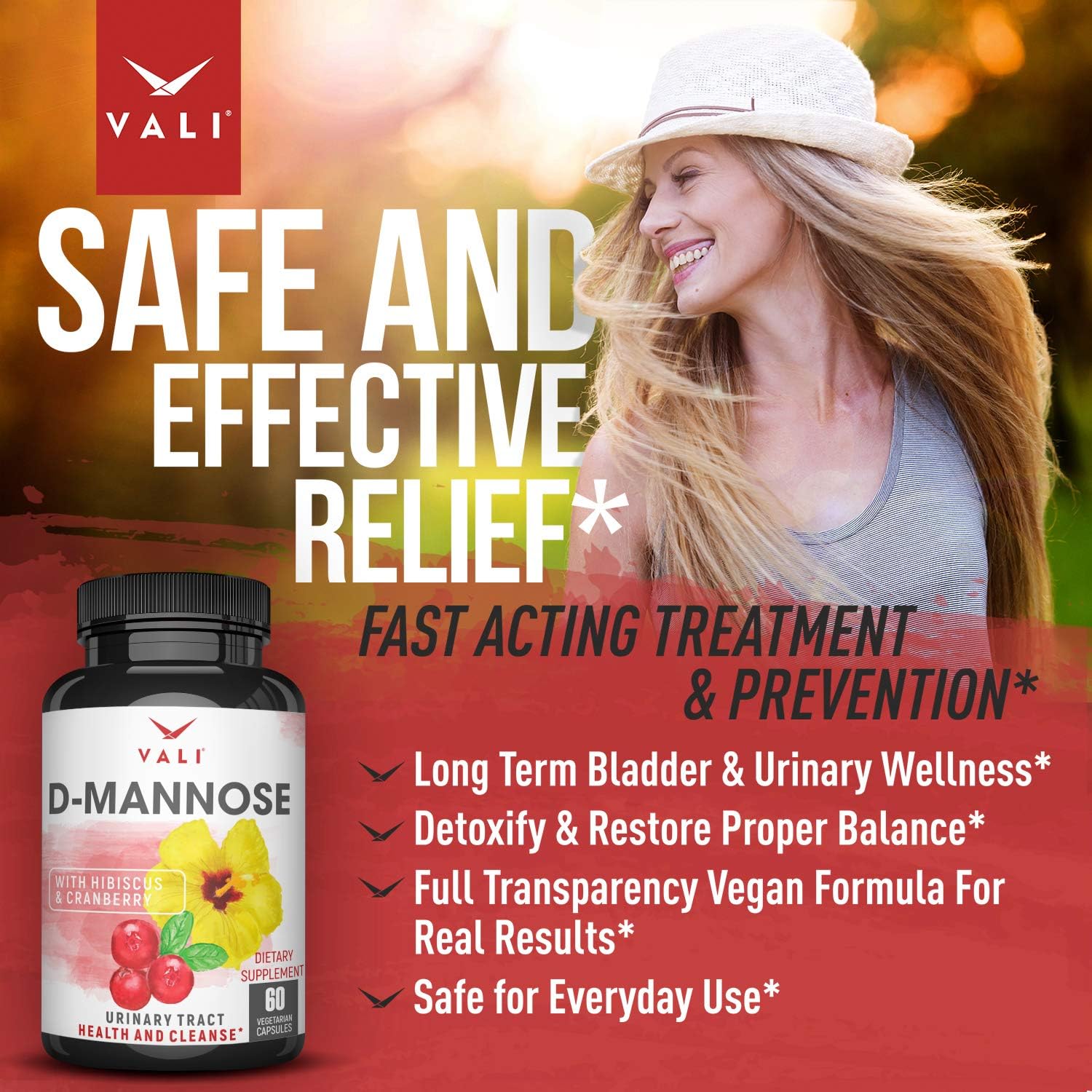 D Mannose 1000 mg Urinary Tract Health Formula - Triple Strength Organic Cranberry 50:1 Concentrate & Hibiscus. Healthy Bladder Function, Natural Yeast Cleanse & UTI Support Pills, 60 Veggie Capsules: Health & Personal Care