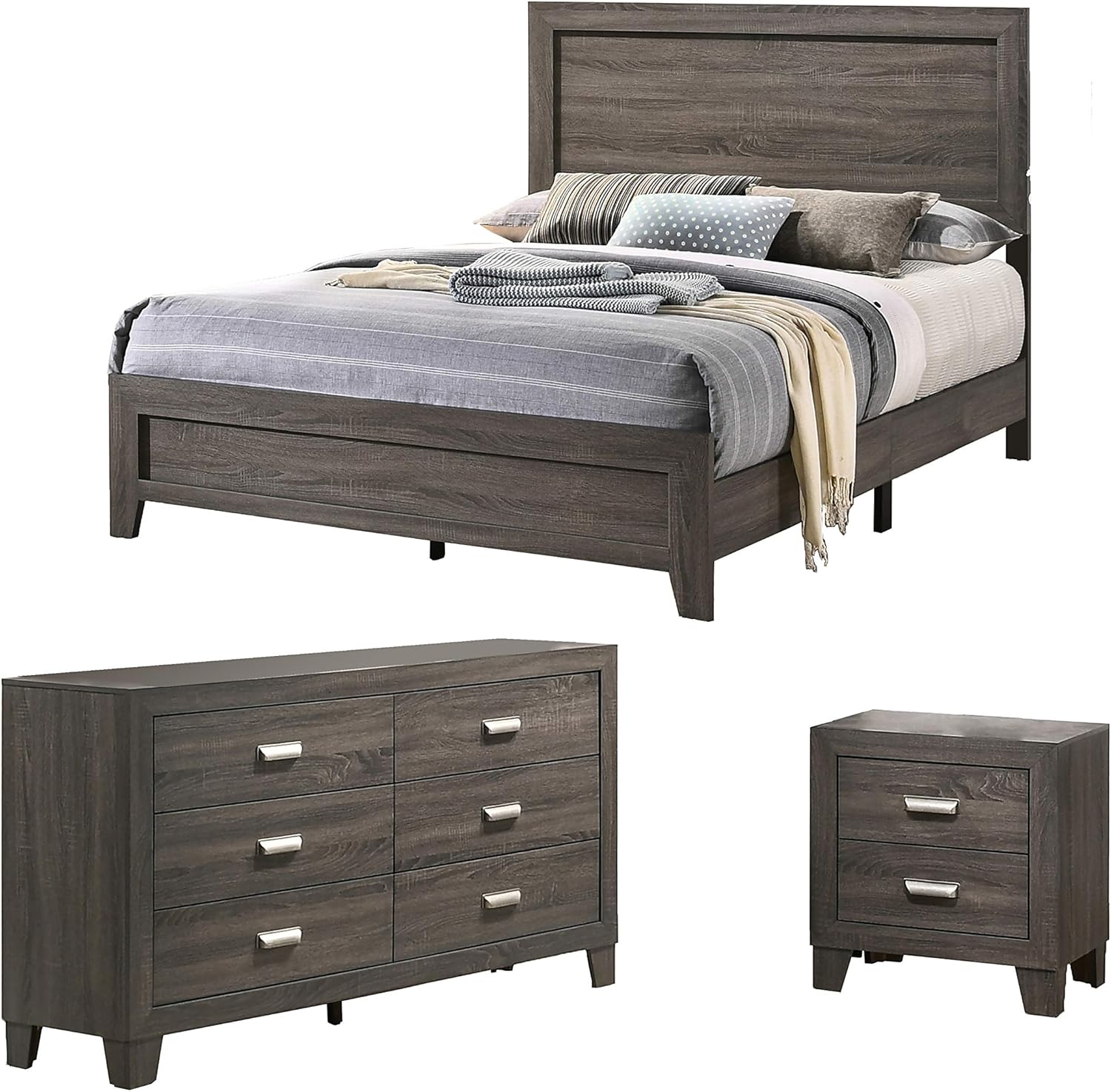 Best Quality Furniture 3PC Full Bed + Dresser + Nightstand, Gray