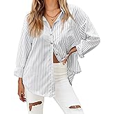 HOTOUCH Striped Button Down Shirts for Women 2025 Fall Long Sleeve V Neck Work Blouses Casual Loose Fit Dressy Tops Light Grey