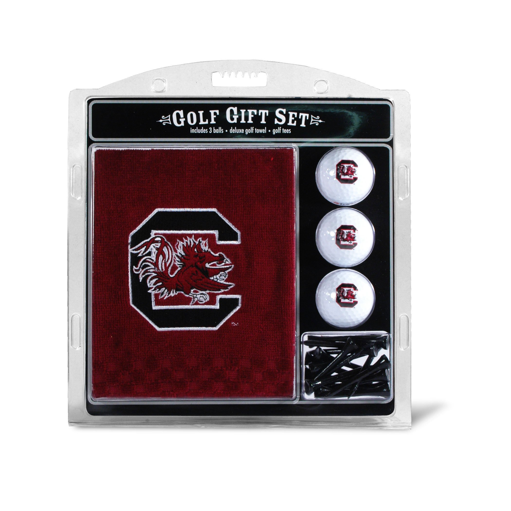 Team Golf NCAA South Carolina Gamecocks Gift Set: Embroidered Golf Towel, 3 Golf Balls, and 14 Golf Tees 2-3/4" Regulation, Tri-Fold Towel 16" x 22" & 100% Cotton