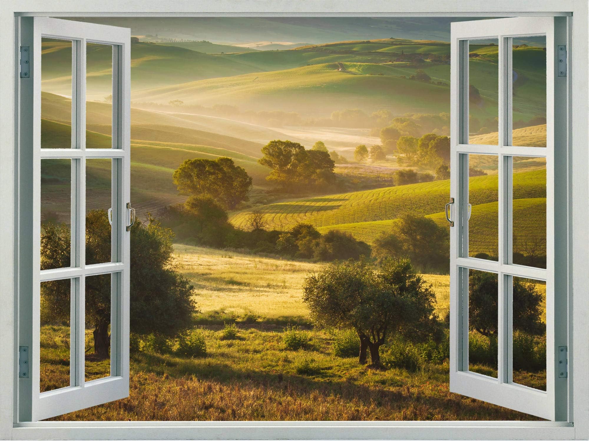 Walls 360 Peel & Stick Faux Window Wall Decal Tuscan Hills with Olive Trees (24 in x 18 in)