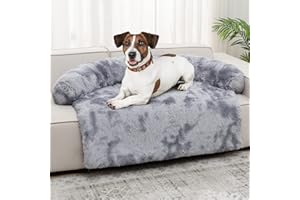 Syalife Shaggy Plush Calming Dog Couch Bed Pet Protector, Fluffy Waterproof Lining and Nonskid Bottom, Dog Mat for Furniture Protector with Washable Cover(35"x31"x5", Grey/White)