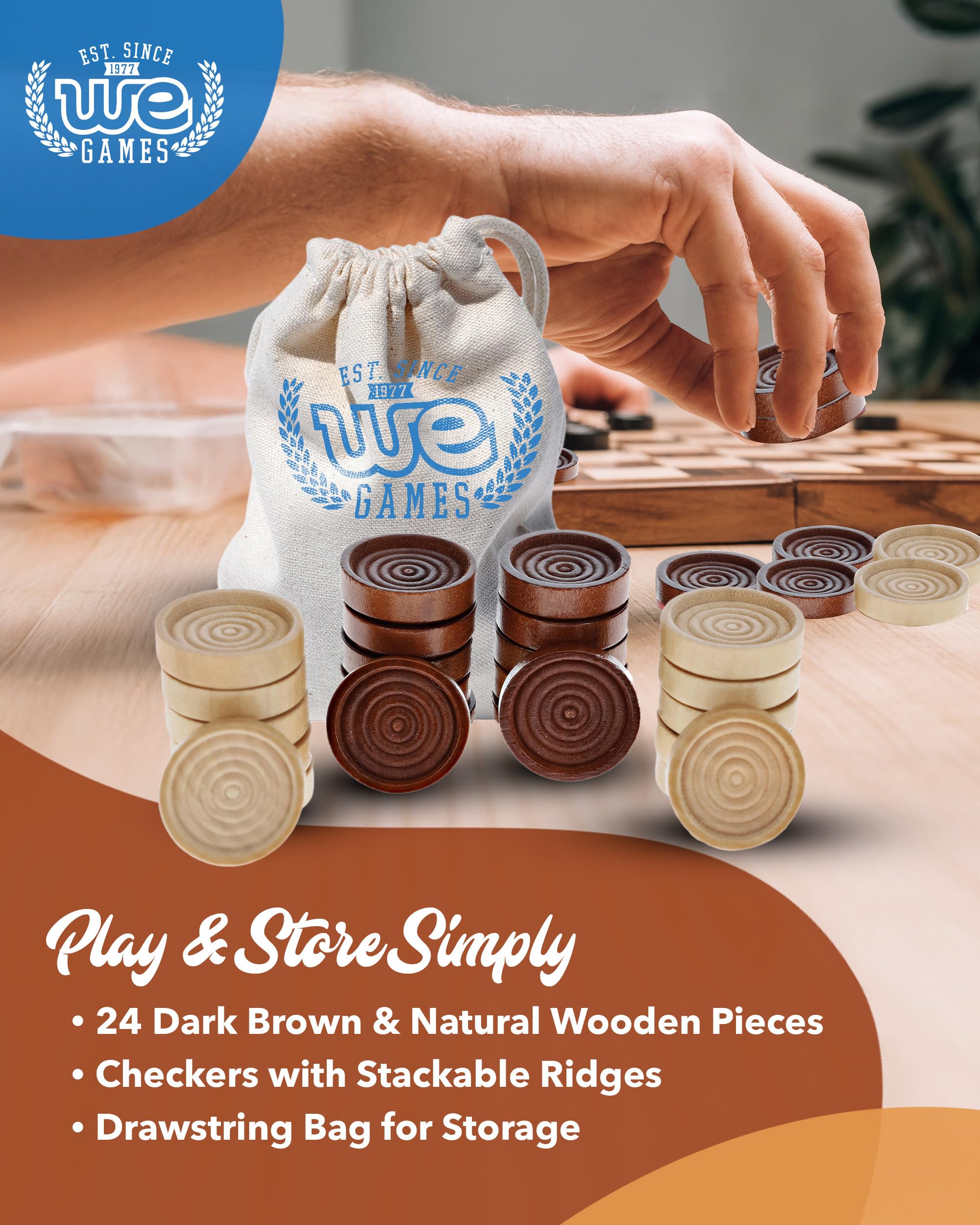 WE Games Wooden Checkers Pieces Only (1.06 inch), Checker Board Game & Backgammon Pieces, 24 Brown and Natural Stained Stackable Ridges with a Drawstring Storage Bag, Replacement Game Piece