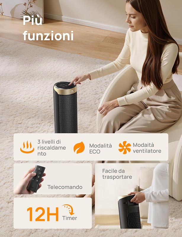 Termoventilatore, Riscaldatore elettrico in ceramica a riscaldamento rapido, 1800 W, con termostato, telecomando, protezione da surriscaldamento e ribaltamento, timer 1-12 ore, riscaldatore