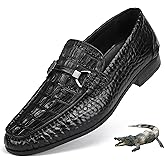 GOLDEN COXES FAMILY Formal Mens Leather Dress Shoes, Classic Ostrich Pattern Slip On Buckle Loafers Business Shoes Party Wedding Leather Loafers for Mens, Black