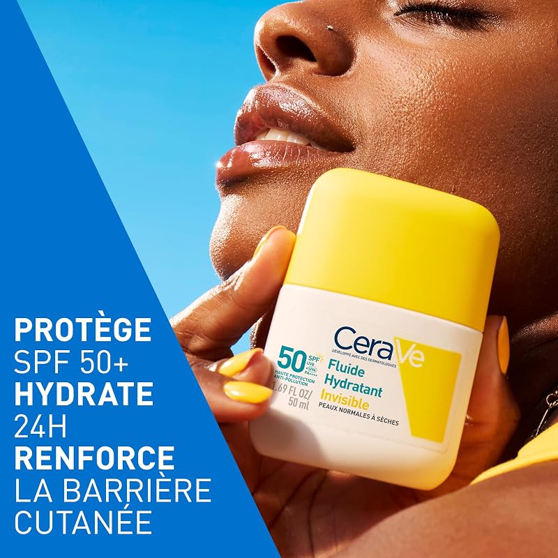 , Fluide Hydratant Invisible SPF 50 Visage, Haute Protection Solaire Visage, Peaux Normales à Sèches, Hydratation 24H, Fini Invisible, Base de Maquillage, Glycérine & Vitamine E