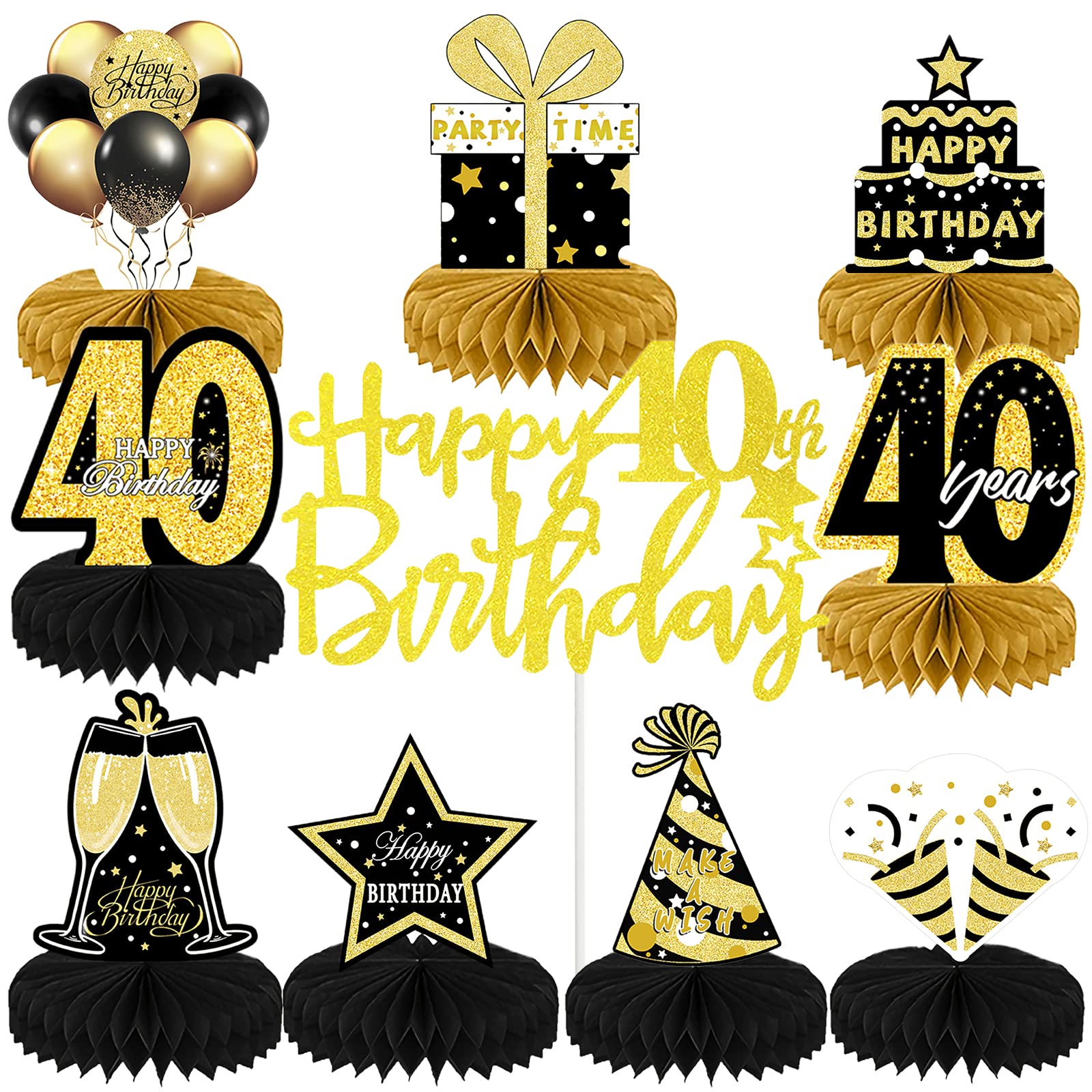 SPOKKI 10 Pcs 40th Birthday Table Decorations - Black Gold Cake Topper and Honeycomb Centerpieces for Party (B)