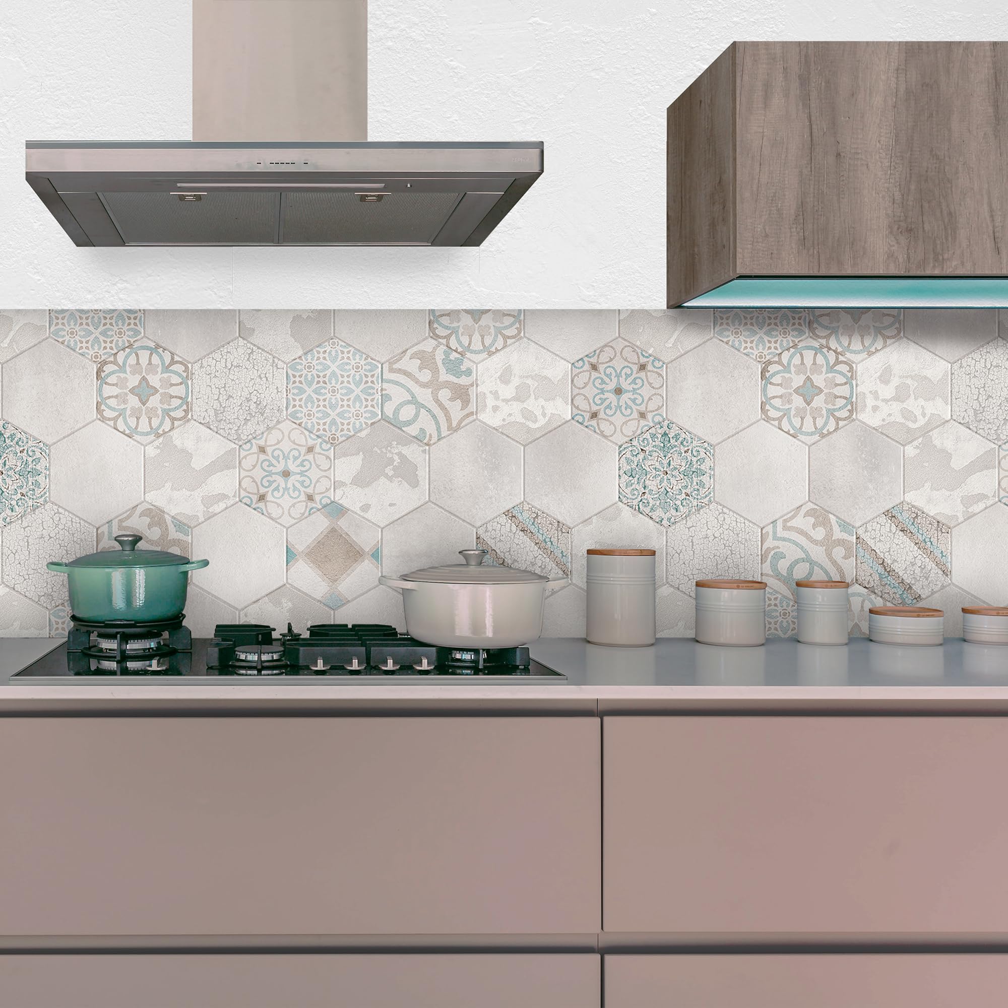 CREARREDA Kitchen Splashback Panel Wall Sticker Easy to Apply Beige Hexagons 260 x 60 cm 100% Made in Italy, Fireproof and Water Resistant Splash Guard PVC Sink
