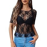Avidlove Mesh Top for Women Short Sleeve Crew Neck Fitted Top Solid & Floral Lace Tee Shirts