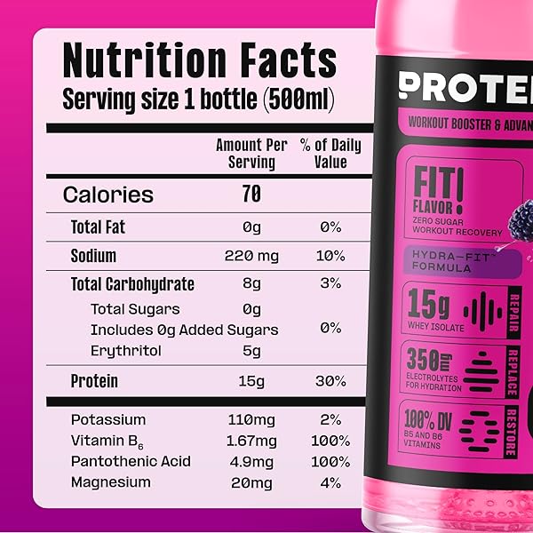 PROTEIN2O HYDRATION DRINK – 2-IN-1 LIQUID CLEAR WHEY PROTEIN ISOLATE AND ELECTROLYTE DRINK – 15G PROTEIN, VITAMINS B5, B6 – POST-WORKOUT RECOVERY – 16.9 FL OZ – 12 COUNT DRAGON FRUIT BLACKBERRY