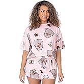 Pusheen Womens Pajama Set | Ladies Cropped T-Shirt & Shorts Complete Pjs Bundle | Pastel Pink Cartoon Cat Eating Sushi
