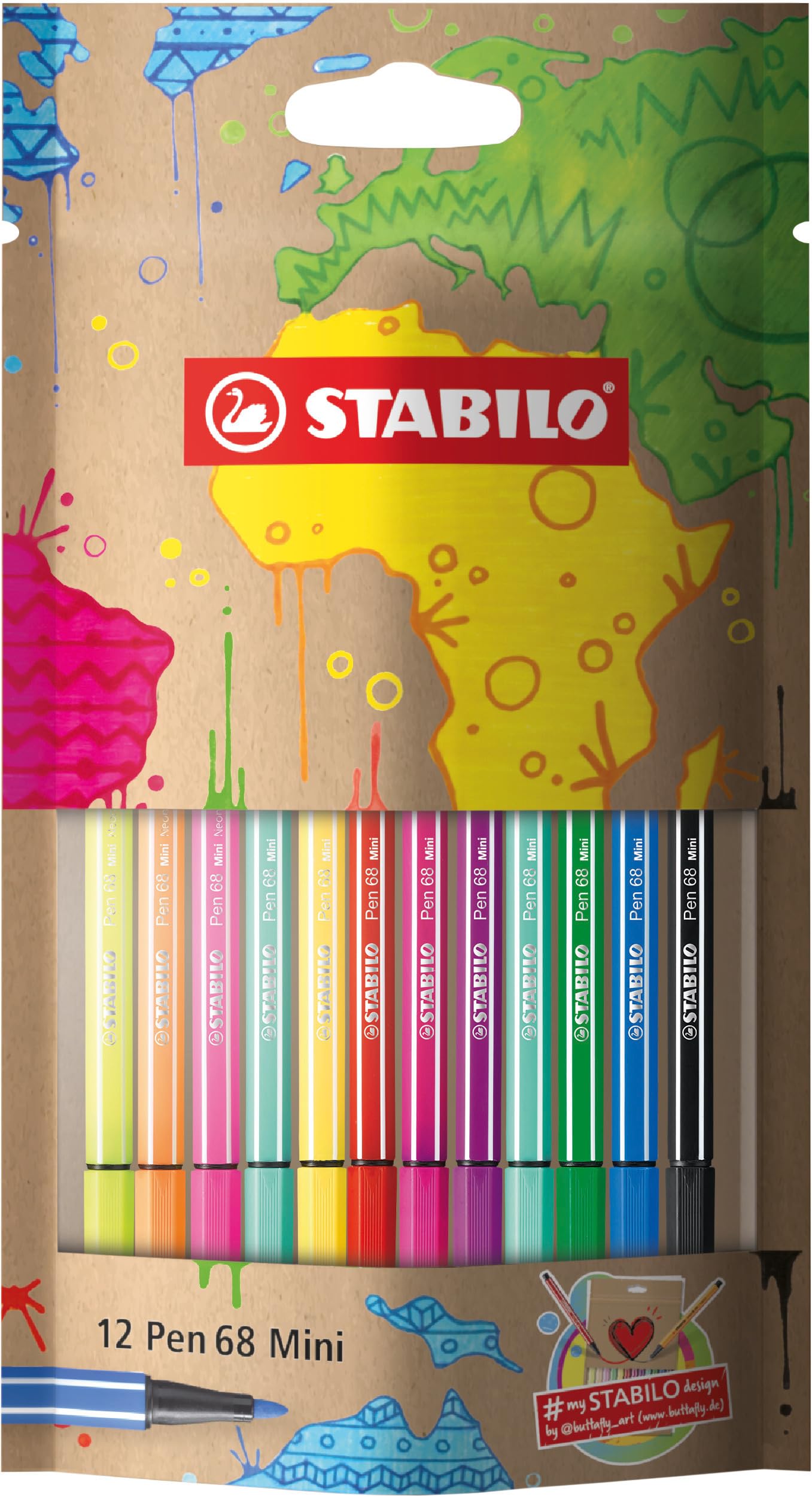STABILO Premium Felt Tip Pen Pen 68 Mini - #MySTABILOdesign - Pouch of 12 - Assorted Colours