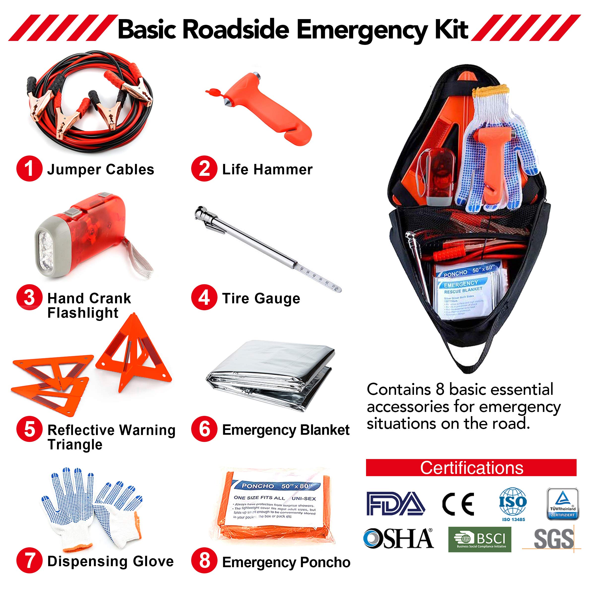 RISEN Roadside Car Emergency Kit/Auto Assistance Kit/Road Travel First Aid Kit with Jumper Cables,Reflective Warning Triangle,Tire Gauge,Emergency Hammer and more for Car or Truck