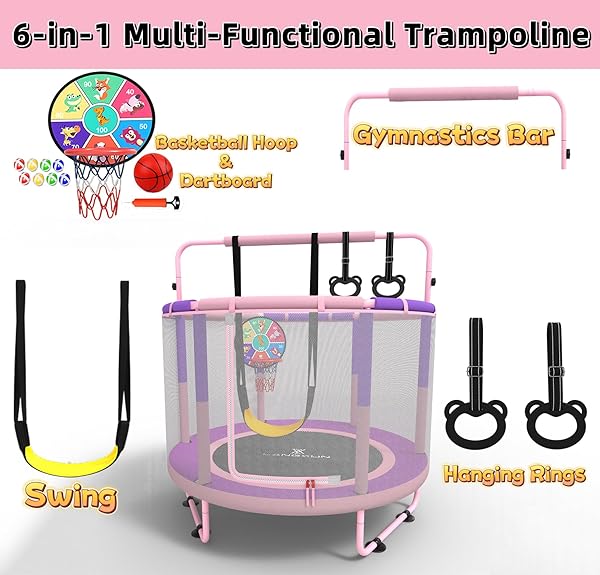 LANGXUN 60″ TRAMPOLINE FOR KIDS, 5FT TODDLER MINI 6-IN-1 TRAMPOLINE INDOOR OUTDOOR WITH SWING, BASKETBALL HOOP, DART BOARD, RINGS, CHRISTMAS TOYS BIRTHDAY GIFTS FOR GIRLS BOYS