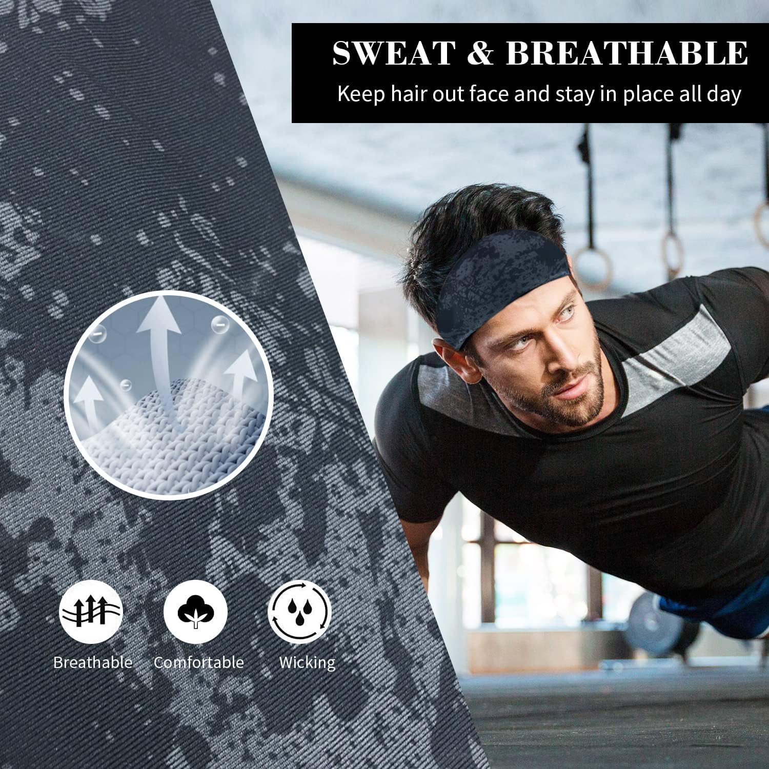 Mens Running Headband, 5Pack,Mens Sweatband Sports Headband for Running,Cycling,Basketball,Yoga,Fitness Workout, Headwear