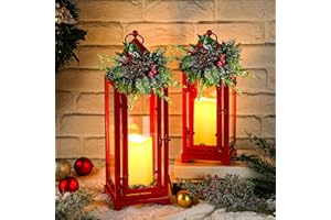 Baquler Red 2 Pcs Christmas Metal Candle Lantern and LED Fake Candles 12'' and 15'' Decorative Lanterns with Xmas Ornament Porch Lanterns Indoor Outdoor Decoration Party Gift