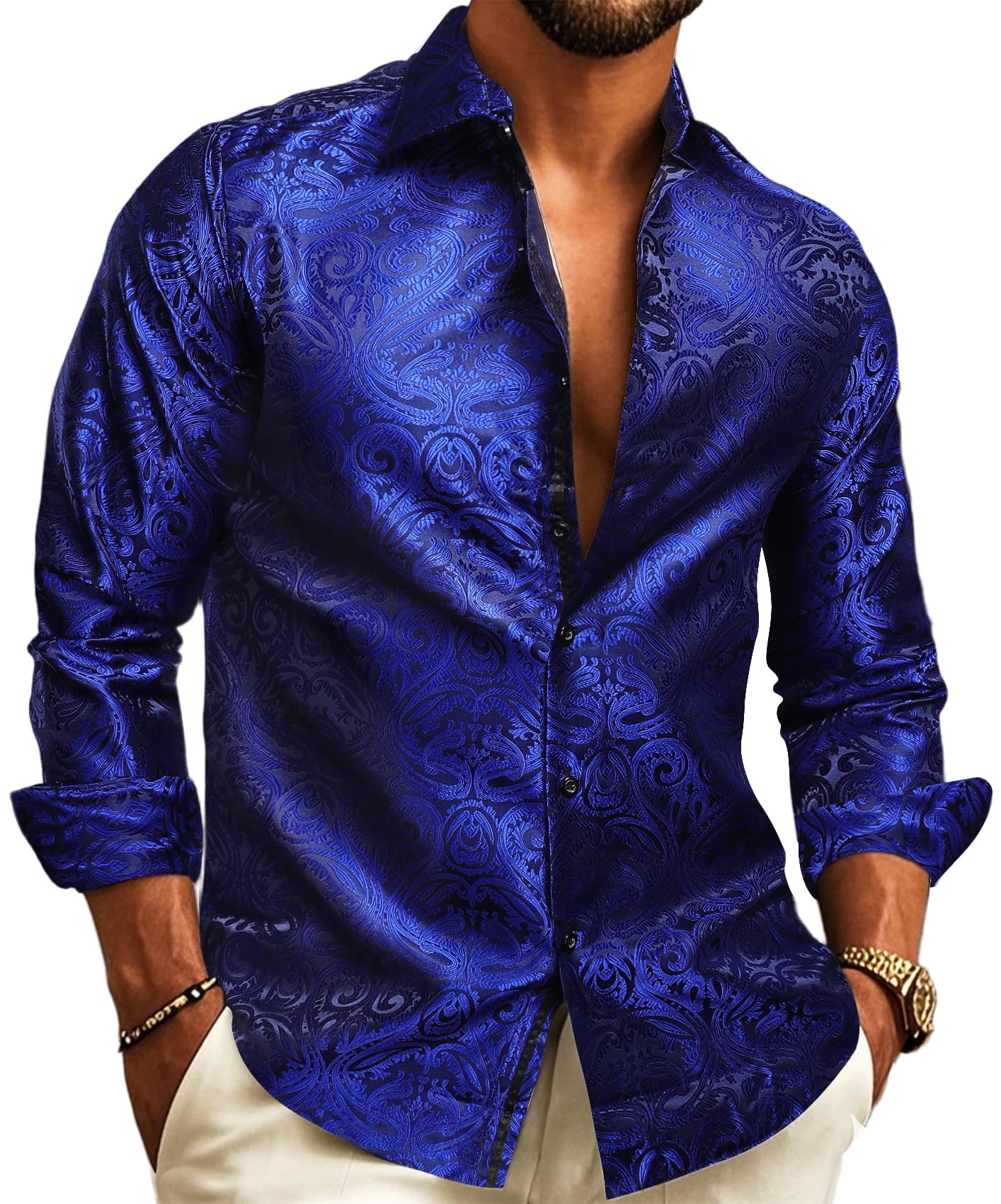 Barry.Wang Royal Blue Men Shirt Silk Paisley Long Sleeve Button Down Dress Shirt Vintage Cowboy Casual Western Designer Image