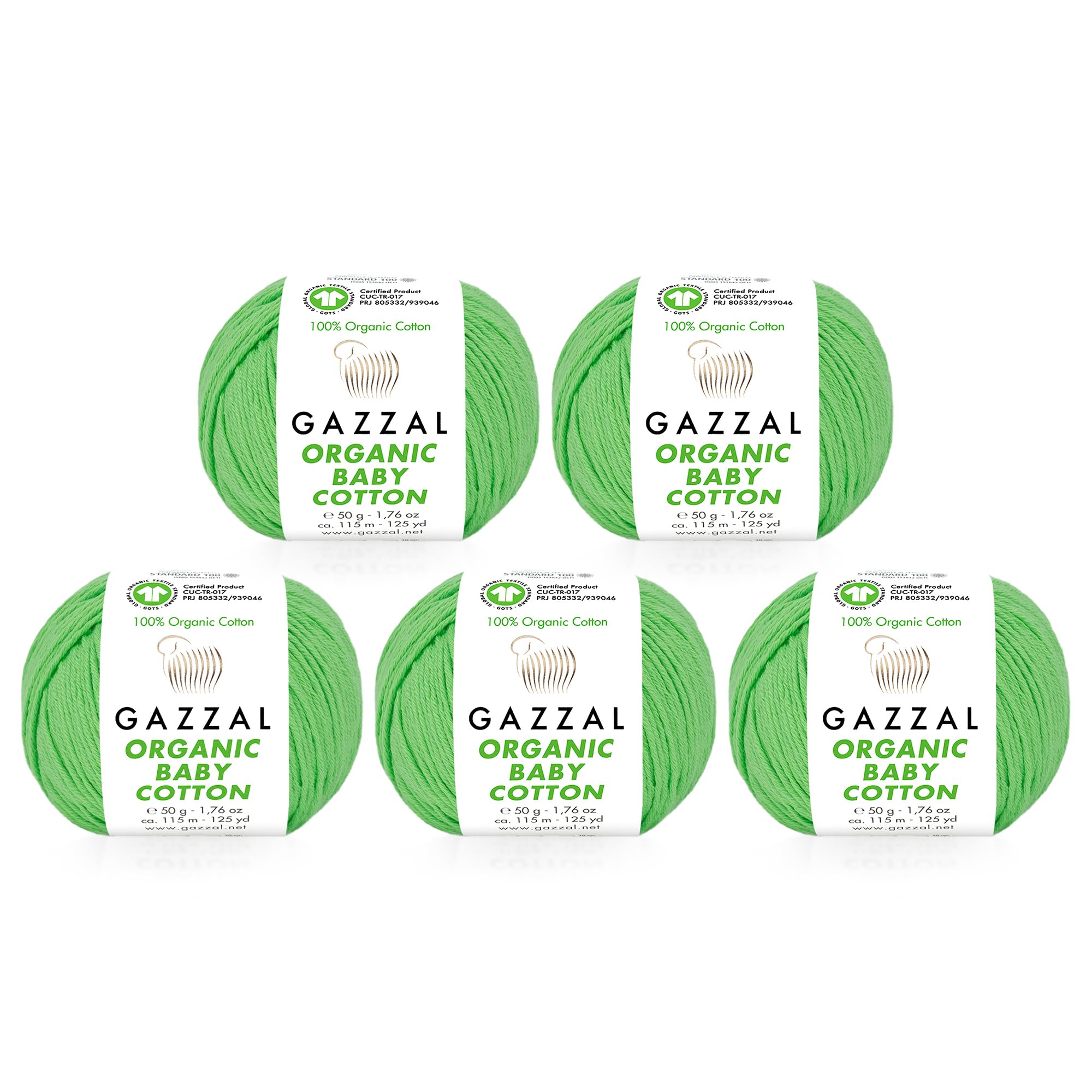5 Ball (Pack) Gazzal Organic Baby Cotton Yarn, Total 8.8 Oz. 100% Organic Cotton, Each 1.76 Oz (50g) / 125 Yrds (115 m), 3 Light DK, Light Green - 421