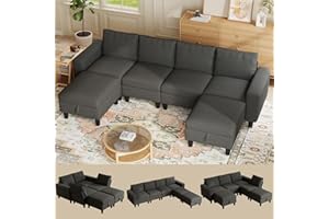 HYZQ Modular Sectional Couches for Living Room, 110" U Shaped Sectional Sofa Couch with Adjustable Backrest, 6 Seat Linen Cloud Couch Sectionals with Storage Ottoman for Apartment (Dark Grey)
