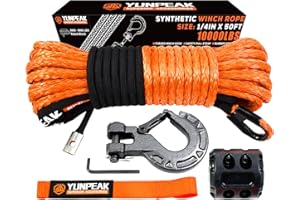 YUNPEAK Synthetic Winch Rope Kit, 1/4" x50 ft 10000LBS Winch Cable Replace Kit, with Protective Sleeve, Heavy Duty Hook, Rubber Stopper, Safety Pull Strap for Off-Road 4x4 Vehicles ATV UTV(Orange)