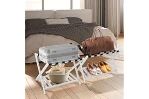 Lynxor 2-Pack Folding Luggage Racks, Foldable Bamboo Suitcase Stand with Storage Shelf, Luggage Holder with 6 Nylon Straps for Hotel Guest Room Bedroom, White 2Pcs